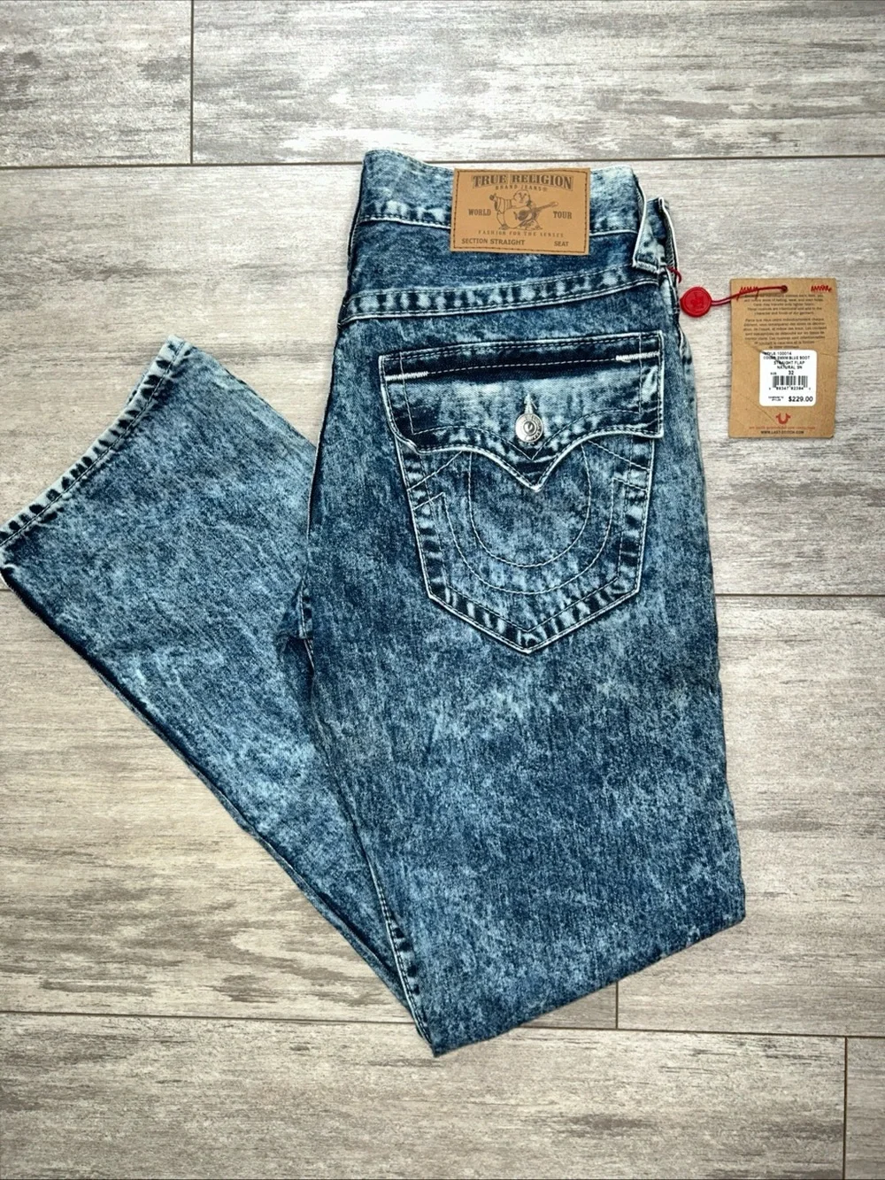 True Religion World Tour Acid Wash Men’s 32X32 Ricky Flap Straight Jeans NWT